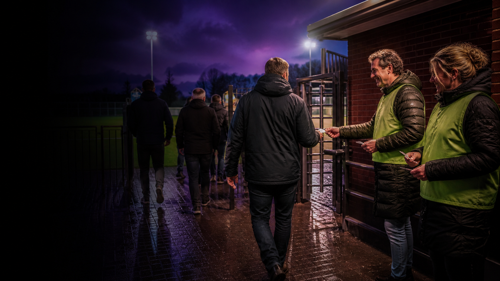 Vrijwilligers delen loten uit bij de avondentree van een voetbalveld